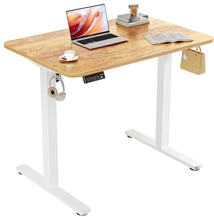 ERGOMAKER Electric Standing Desk 90x60cm, 2 Memory Heights, Light Brown | Height Adjustable Desk, 73-118cm, Sit Stand Desk, 2 Hooks, Smart Panel, Spliced Tabletop, for Home Office