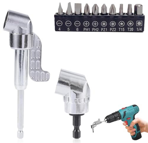 JISRKP Right Angle Drill Attachment, 105° Rotatable, 360° Adaptor with Multi-Function Screwdriver Bits (Short+Long+10 Bits), Variable Angle, 1V, Drill Attachment