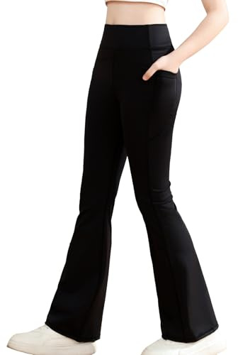 Kefiyis Leggings deportivos acampanados para niñas con bolsillos, cintura alta, pantalones acampanados para yoga, baile, gimnasio, para edades de 5 a 12 años