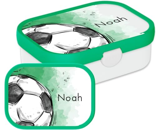 Mepal - Caja de almuerzo personalizada con nombre infantil (Football, diseño de fútbol) - con compartimento bento y tenedor - libre de BPA, apto para lavavajillas