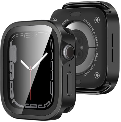 Amizee Metallfodral kompatibelt med Apple Watch Series 6/SE/5/4 44 mm med härdat glas, ultratunn rak kant med heltäckande skyddshölje för iWatch 44 mm, svart