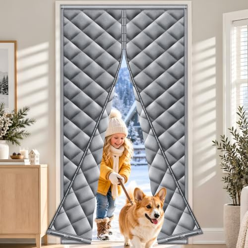 HOFUDON Thermal Door Curtain Magnetic 90 x 200 cm, Grey | Heavy Duty Oxford fabric, Waterproof Windproof, Powerful Magnets Self-Closing, insulated door curtain for Winter, No Drill