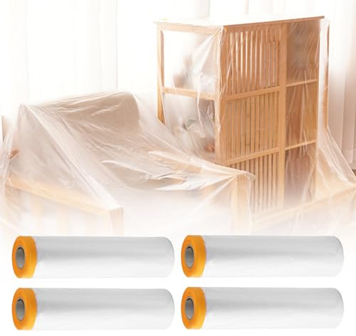 4x Abdeckfolie mit Klebeband 270cm x 20m, Malerfolie mit Klebeband, Maler Abdeckfolie mit Goldband, Malerkrepp mit Folie Selbstklebende Malerfolie für Malerarbeiten, Auto, Möbel, Fenster, Wände