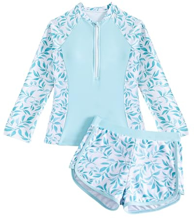 UV Badeanzug Mädchen mit Gepolsterte BHS Gr 128-158, Langarm Kinder UV Badebekleidung Tankini mit Badeshirt & Shorts, Teenager Schwimmshirt UV Shirt Schwimmanzug, Blaue Blätter 11-12 Jahre