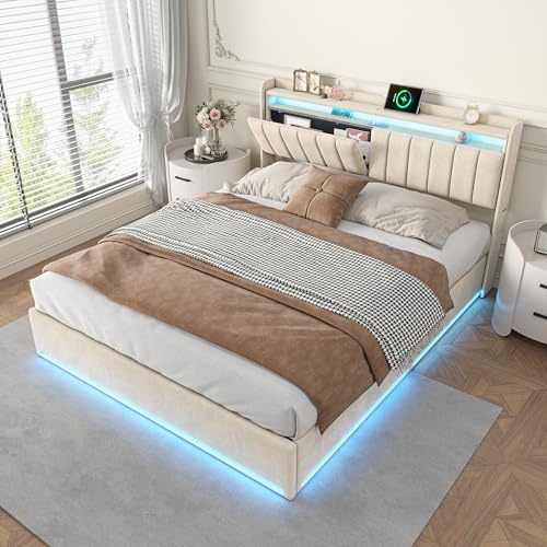 BLSYHDH Cama con canapé 160x200 con LED, Cama acolchada con canapé Cama acolchada LED hidráulica de doble cama con almacenamiento Cama acolchada Camas para adultos con canapé (Beige+Velor, 160x200 cm)