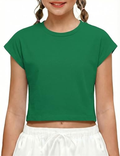 Arshiner Girls T-Shirt Kids Summer Crop Tops Short Sleeve Sport Loose Tee | Cotton Blend Fabric,Comfortable Absorbent,Solid Color,Round Neck,Cropped Top,Basic Casual,Fashion Shirt,5-12 Years