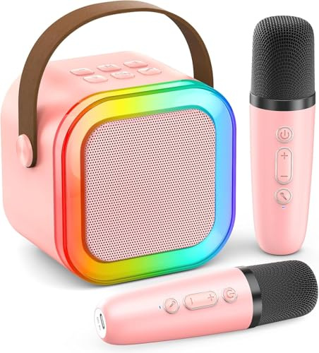 Karaoke Machine for Kids Adults, Mini Portable Bluetooth Speaker with 2 Wireless Microphones, Machines Karaoke with Voice Changing Effects & LED Lights, Best Gifts Toys for Girls and Boys (Light Pink)
