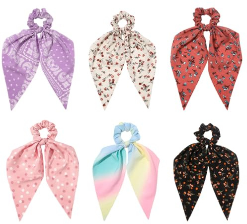 Ipetboom 6pcs Élastiques à Cheveux Vintage Imprimés Fleuris en Tissu Ruban Noué, Décoratifs et Faciles à Enlever Usage Quotidien Féminin Style Aléatoire