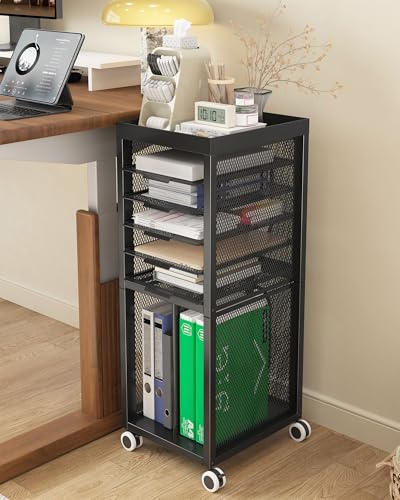 Noskox Rolling File Cart,Mobile Bookshelf with Wheels | 5 Pull-Out Mesh Shelves, Vertical File Storage, Top Platform, 2 Lockable Wheels, for Study, Office, Classroom, White