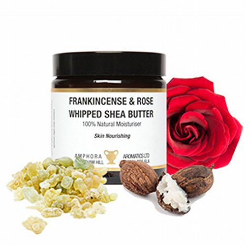 Frankincense & Rose Whipped Shea Butter in a 120ml Amber Glass Pot; by Amphora Aromatics.Constituents/Active Ingredients: Olive Oil, Whipped Shea Butter (Plain) 120ml, Frankincense Essential Oil 10ml, Rose Geranium Essential Oil 10ml, Rose Maroc Absolute 5mls, Beeswa