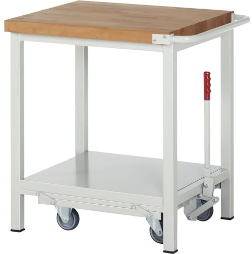Fahr- und absenkbare Werkbank, Gestellbauweise Serie 8, 1 Ablageboden, BxT 750 x 700 mm.