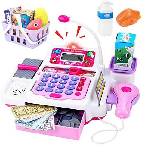 deAO Caisse Enregistreuse Jouet avec Scanner Son et Lumière, Microphone, Calculatrice Réelle, Panier et Nourriture de Jeu, Jeu de Rôle Supermarché, Jouet Éducatif Cadeau pour Garçon Fille 3+ Ans