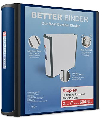 Staples Better Binder, 3 D‑Ring 3‑Ring Binder, Blue, Reinforced Rubber Spine, Heavy‑Duty Design, Holds up to 600 Sheets for School & Office