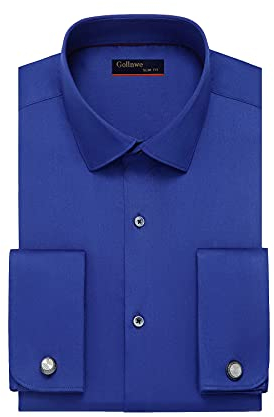 Gollnwe Men's French Cuff Dress Shirt Slim Fit Stretch Solid Long Sleeve Shirts Bussiness Formal Dark Blue 4XL