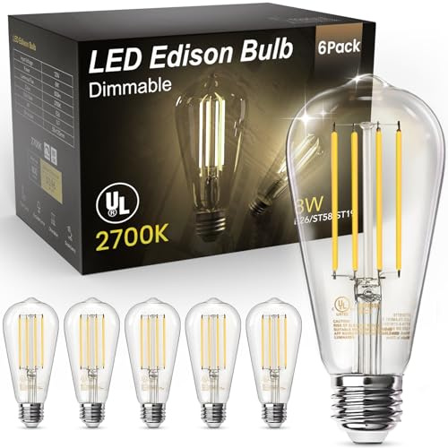WIAONE - Bombillas TJOY Edison, equivalentes a 60 W, bombillas LED regulables vintage, base mediana E26, blanco cálido 2700 K, ST58, 8 W, 800 lm, 800 lm, 80+ CRI, bombilla LED de filamento decorativo