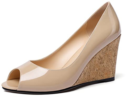 Mettesally Escarpins à Talons compensés pour Femmes Bout Ouvert Chaussures de Bureau à Talon Haut en liège Beige EU37