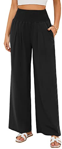 Famulily Womens Solid Color Summer Pants Ladies Loose Fit Casual Linen Wide Leg Pants with Pockets S-2XL