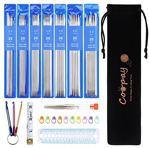 Juego de agujas de tejer de acero inoxidable, 2,0 mm – 5,0 mm, agujas de tejer dobles con accesorios de punto, 35 piezas de metal juego de agujas de tejer cortas rectas de 20 cm para calcetines