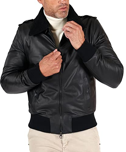 D'Arienzo Bomber Veste Cuir Agneau Noir Homme Col Mouton Moto Veste Motard Blouson Véritable Cuir Made in Italy Alan 46/Noir