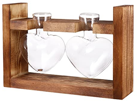 Yardenfun Heart Shape Glass Vase with Wooden Rack 7.87X5.11X2.36In Hydroponics Planter for Indoor Flower Arrangements Tulips Roses Home Decor
