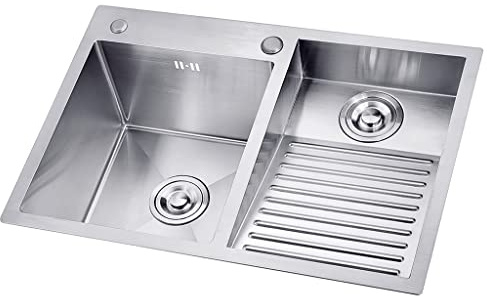 Lavandino Per Lavanderia In Argento Con Asse Per Lavaggio E Kit Di Scarico Integrati, Lavello Multiuso In Acciaio Inossidabile 304, Vasca Per Bucato A Doppia Vasca (S : 60cm-Right)