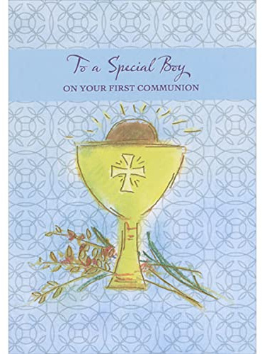 Designer Greetings Simply Drawn Gold Foil Lined Chalice and Wheat Stalks 1st / First Communion Congratulations Card for Boy