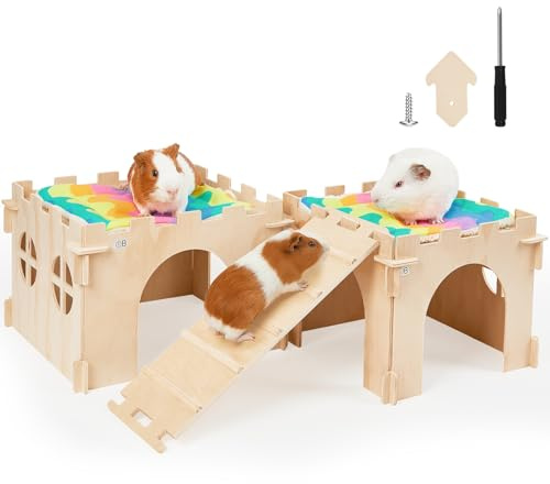 Guinea Pig Hideout, Guinea Pigs House with Stairs and Mats Extra Large Guinea Piggy Castle Detachable Hideouts for Small Animals Wooden Guinea Pig Habitats with Multiple Doors and Windows