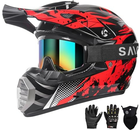 Youth Kids Motocross Helmet, Adult ATV Dirt Bike Helmet, Off-Road BMX 4-Wheeler Full Face Motorcycle Helmet W/Goggles Gloves & Mask, DOT Approved, Red Camo, M