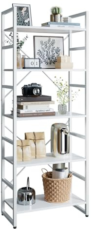 TREETALK Libreria a 5 ripiani, con 2 telai a forma di X, piedini regolabili, scaffale industriale per ufficio, soggiorno (bianco)