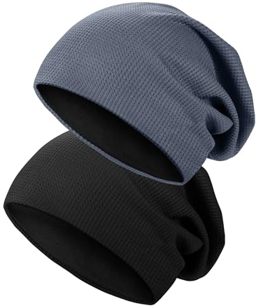 Kiiwah 2 Stücke Dünne Beanie Mütze für Herren und Damen, Unisex Slouch Beanie, Elastisch Strickmützen Longbeanie Weic Beanie Hüte(Schwarz und Blau)