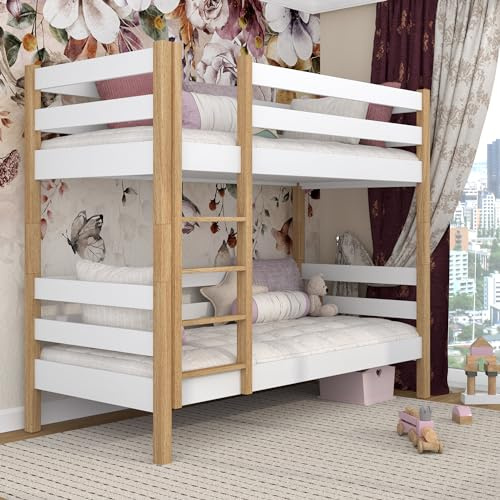 N-wood N01 Etagenbett, Kinderbett 90x200 cm, aus Eichenholz, 2 Leitermontageseiten, 2 getrennte Betten, sichere abgerundete Kanten, Stabile Massivholzkonstruktion, Hochwertige Materialien, Weißeiche