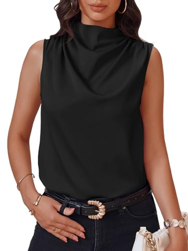 Cicy Bell Womens Mock Neck Satin Tank Tops Business Casual Work Ruched Blouses Summer Corporate Outfits Black