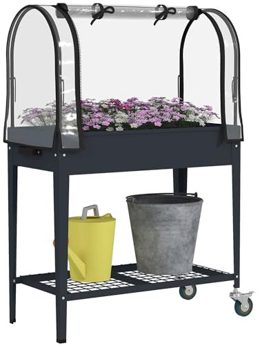 Outsunny Raised Garden Bed with Greenhouse Cover, Mobile Elevated Planter Box with Wheels and Bottom Shelf for Vegetables, Flowers, Herbs, 80 x 40 x 120cm, Dark Grey