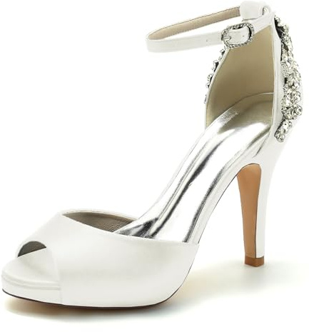 Speesy Zapatos Novia con Punta Abierta de Satén Zapatos Mujer Tacon Correa de Tobillo Zapatos de Boda Zapatos Boda,Marfil,36 EU