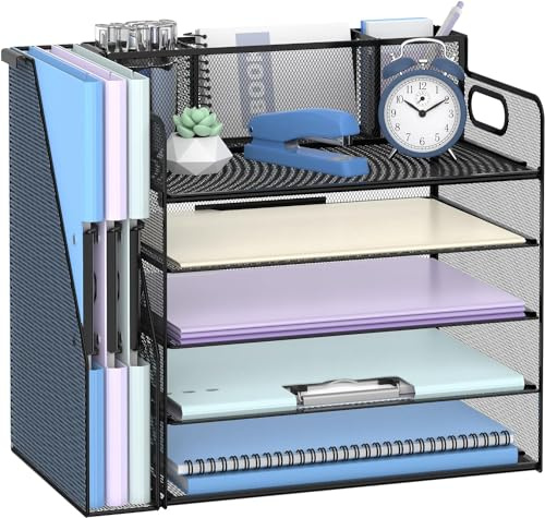 Suptidy Schreibtisch-Organizer mit Aktenhalter, 5 Etagen, Schreibtisch-Organizer mit 3 Stifthaltern, Papier-Briefablage für Büro, Zuhause, Organisation und Aufbewahrung, Schwarz