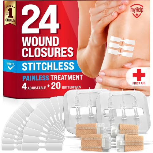 MYHELP Lot de 24 bandes de suture d'urgence pour les plaies - 3 types de pansements papillon faciles à utiliser - Kit pour sceller les plaies sans douleur et sans points - Transparent