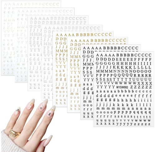 8 Sheets Letter Nail Stickers for Nail Art, 3D Self-Adhesive English Alphabet Nails Decals Gold Silver Black White Nails Stickers Big Small Letter Art Design Sticker for DIY Decorations