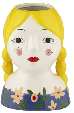 Baroni Home Jarrón de Cerámica Pintado a Mano, Jarrón Decorativo Moderno para Interior y Exterior, Jarrón para Flores y Plantas, Adorno Línea Isotta, 10x9x14 cm, Trenzas Rubias/Pequeña