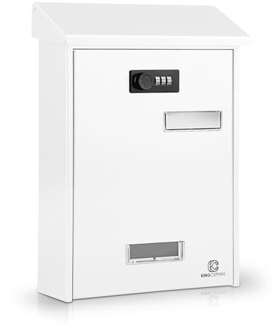 KINGCEPHAS Post Box,Wall Mounted Letterbox with Combination Lock (White) | Small Capacity,Weatherproof,Lockable Galvanized Steel Mail Box for Outside Home,Viewing Windows,Nameplate,23x8.5x31.5cm