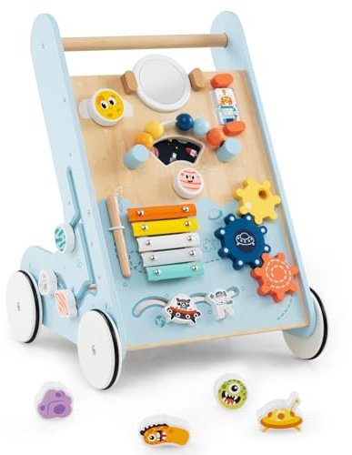 COSTWAY 8 en 1 Chariot de Marche sur Thème Spatial avec Miroir & Perles & Xylophone, Marcheur D'Apprentissage Bébé avec 4 Blocs & Espace Arrière, Poignée & 4 Roues, Trotteur Bébé de 12 Mois+ (Bleu)
