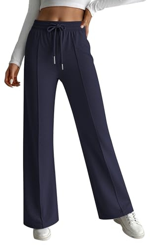 Hotouch Pantalones de chándal para mujer, pantalones holgados de cintura alta, pantalones de ocio, pantalones de pierna ancha, pantalones casuales con cintura elástica, azul marino, S