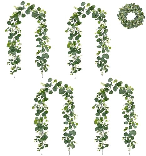 Guirnaldas Artificiales de Eucalipto, 1,8m, 4 Piezas Guirnalda Verde Colgante, Decoración de Eucalipto, Enredaderas Artificial Decorativas con Hojas de Sauce, para Arco de Bodas, Escalera