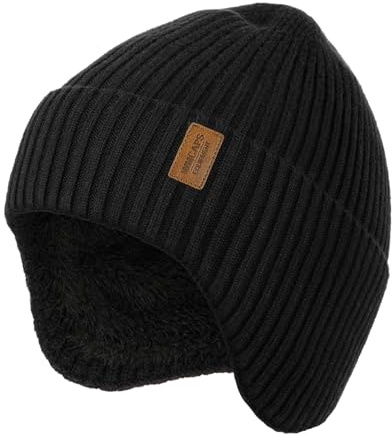 Wmcaps Wintermütze Herren Fleece Gepolsterte Strickmütze mit Ohrenschützern, Bequeme Weiche Winddichte Warme Mütze für Outdoor-Aktivitäten Kaltes Wetter Geschenk für Männer Frauen, Schwarz