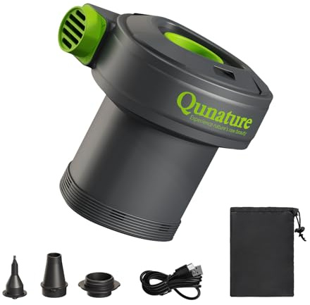 Qunature Bomba de Aire Eléctrica 2 en 1, Inflado/Desinflado Rápido 5.5 kPa (450 L/min), Batería de 2000 mAh Portátil con 3 Boquillas para colchones Inflable Camping Piscinas Viaje