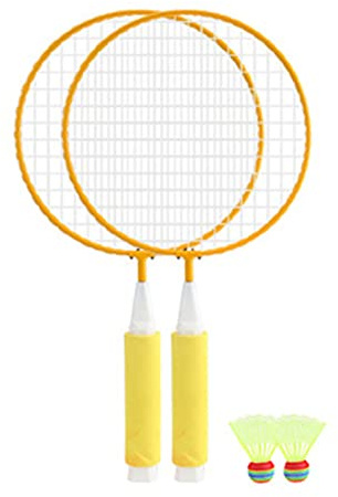 CHEOTIME Children Badminton Racket Set, 2 Balls Large Mesh Soft Anti-Slip Handle Kids Badminton Rackets for Training Pink Alloy Frame for Outdoor Sports (Yellow)