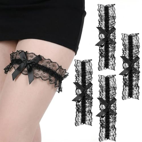 JJUNW 4Pcs Black Lace Wedding Garter for Bride with Bowknot for Women | Elastic Thigh Garter Belt, Bride Tossing Accessory for Wedding Party & Bachelorette