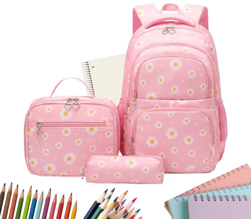 Generico Primär skolryggsäck - skolväskeset, skolväsk-set med blomtryck, för tonårsflickor och pojkar dagligen användning resor och semester, Rosa, riferimento alla descrizione, Se beskrivningen