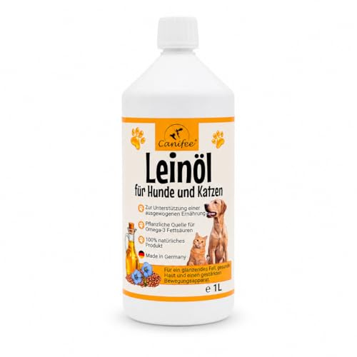 Canifee - Olio di lino per cani e gatti - Olio di lino naturale in bottiglia da 1 l per un integratore alimentare equilibrato e vegetariano - per pelliccia, pelle e apparato muscolo-scheletrico