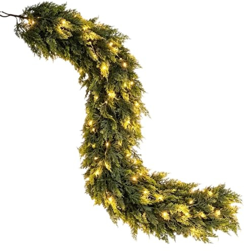 Prelit Julgirland PE ABS LED Prelit Realistiskt Konstgjord Ceder | Trappräckesdekor För Inomhus, Julcederkrans Med LED-lampor För Inomhusvägg Ytterdörr Mantel Trädtrappskena
