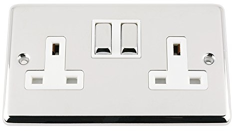 A5 Products 13A Double Plug Socket 2 Gang Polished Chrome Classic - White - Metal Rocker Switches
